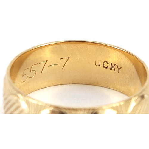 1867 - 9ct gold wedding band with engraved decoration, size O, 3.7g