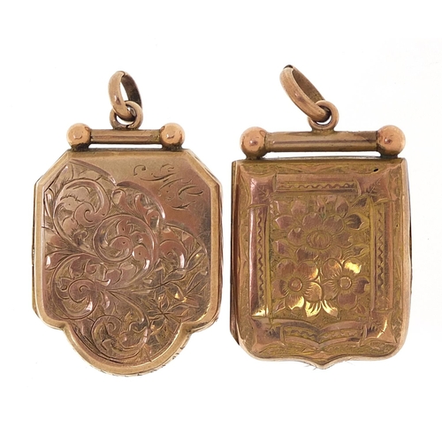 1874 - Two Victorian yellow metal lockets engraved with flowers, the largest 3cm high