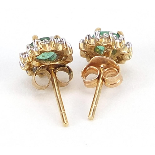 1664 - Pair of 9ct gold emerald and diamond stud earrings, 7mm in diameter, 1.2g