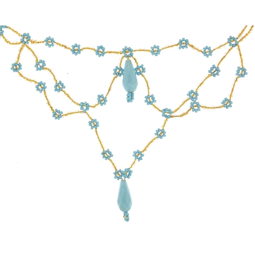 1705 - Georgian style turquoise coloured bead necklace with unmarked gold barrel clasp, 40cm in length