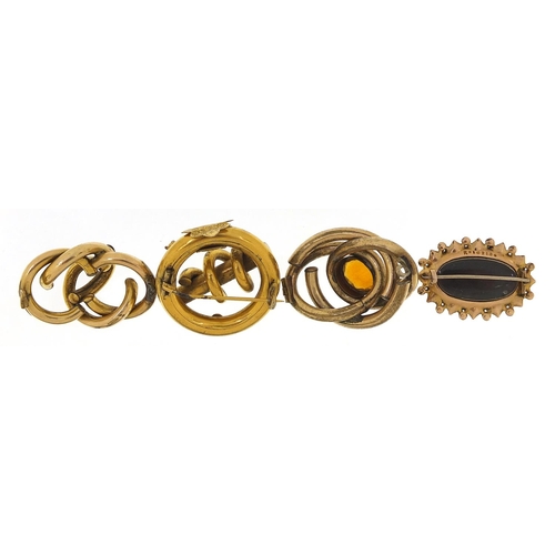 1781 - Four antique yellow metal brooches, some set with stones including citrine, agate and seed pearls, t... 