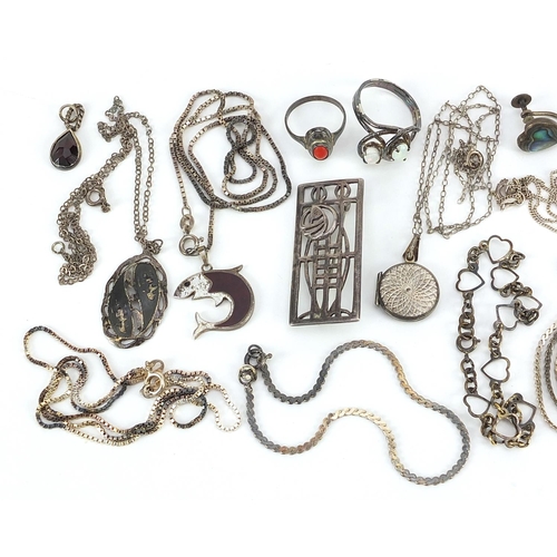 2158 - Silver jewellery including a gate bracelet with love heart padlock, Rennie Mackintosh style brooch, ... 