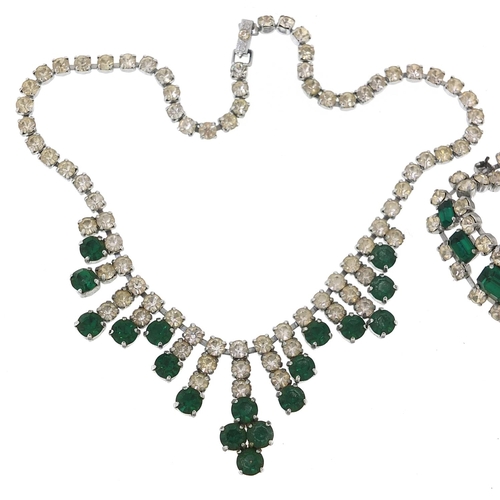 1365 - Vintage green and clear paste necklace, bracelet and earrings, the necklace 38cm in length