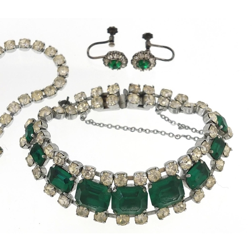 1365 - Vintage green and clear paste necklace, bracelet and earrings, the necklace 38cm in length