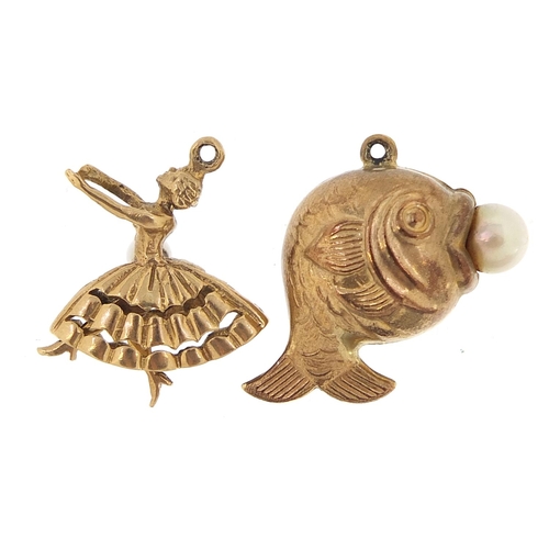 1720 - Two 9ct gold charms comprising fish with a pearl and ballerina with moving legs, the largest 2.7cm i... 