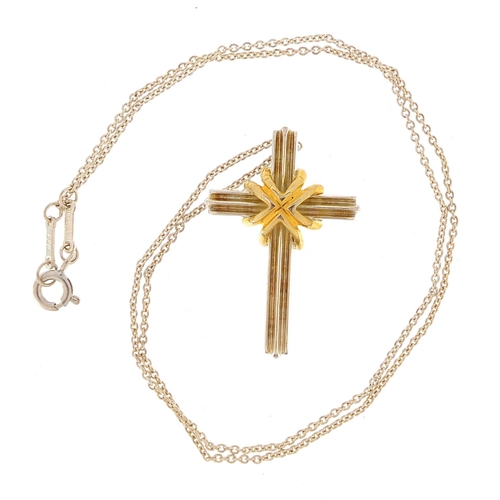 1974 - Tiffany & Co silver and 18ct gold cross pendant on a silver necklace with box, 3.3cm high and 42cm i... 