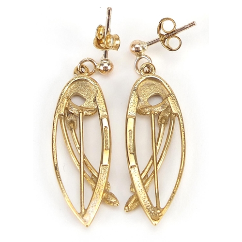 1644 - Pair of 9ct gold Rennie Mackintosh design drop earrings, 3.2cm high, 4.0g