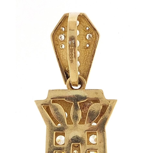 1629 - Large 9ct gold cross pendant set with clear stones, 8.5cm in length, 35.0g