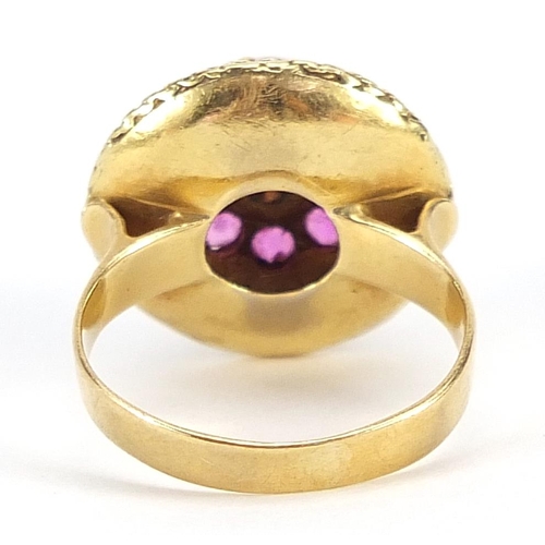 1690 - Continental 18ct gold ruby and pearl ring, size J/K, 6.3g