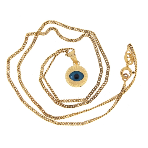 1811 - 14ct gold all seeing eye pendant on a 9ct gold necklace, 1.5cm high and 41cm in length, 2.9g