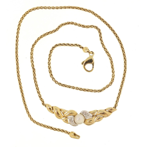 1709 - 9ct gold diamond and pearl necklace, 42cm in length, 8.2g