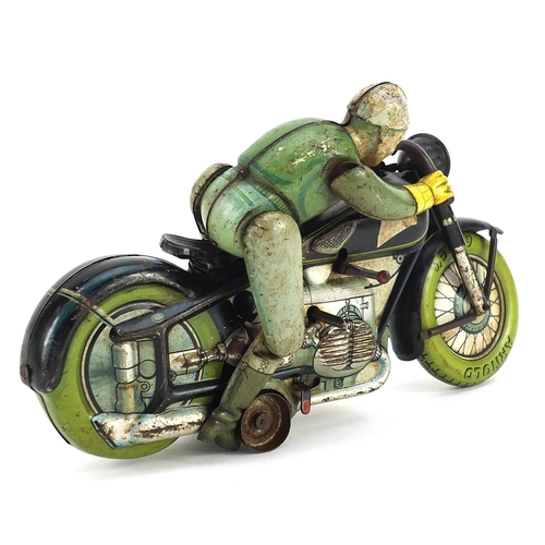 1465 - Early 20th century German tinplate clockwork Arnold motorcycle with rider, 18.5cm in length