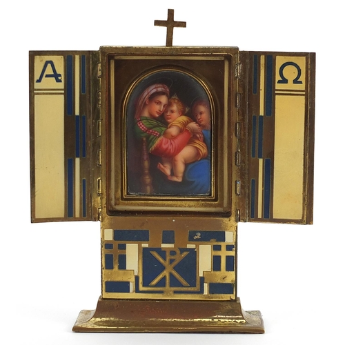 128 - Greek Orthodox travelling icon housing a porcelain panel hand painted with Madonna and child, 17.5cm... 