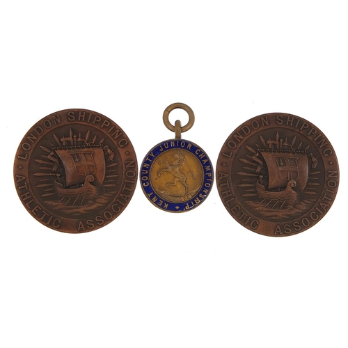 602 - Two London Shipping Athletic Association bronze medals and one other with fitted cases, the two bron... 