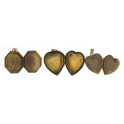 2028 - Three 9ct gold back and front lockets including two love hearts, the largest 2.5cm high, 9.0g