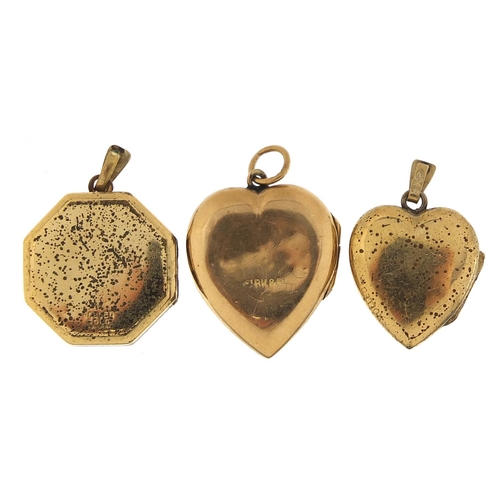 2028 - Three 9ct gold back and front lockets including two love hearts, the largest 2.5cm high, 9.0g