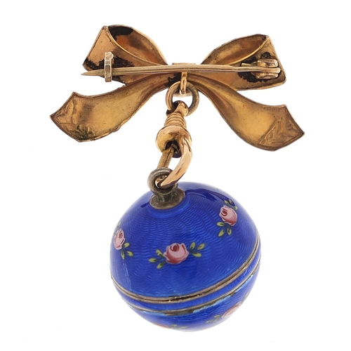 1949 - Blue guilloche enamelled ladies fob watch on a yellow metal bow design brooch clasp, 3.5cm wide, tot... 