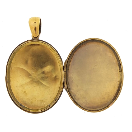 1843 - Victorian aesthetic unmarked gold locket, (tests as 9ct gold) 4.5cm high, 11.5g