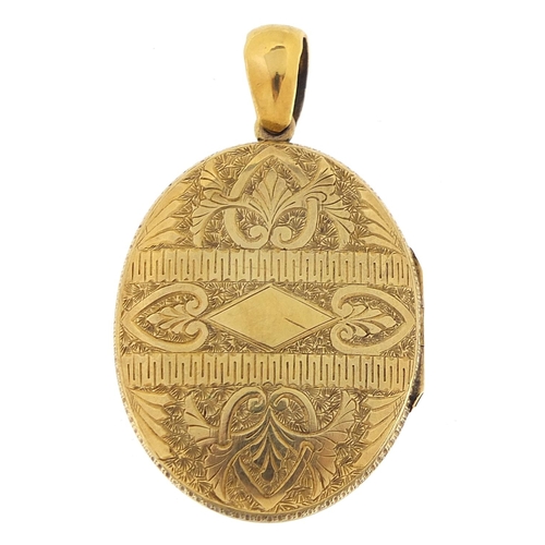 1843 - Victorian aesthetic unmarked gold locket, (tests as 9ct gold) 4.5cm high, 11.5g