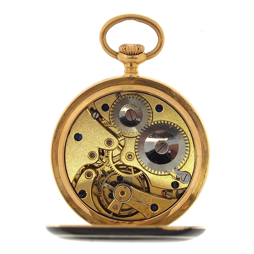 1627 - Ladies 9ct gold purple guilloche enamelled open face pocket watch, 27mm in diameter, 17.0g