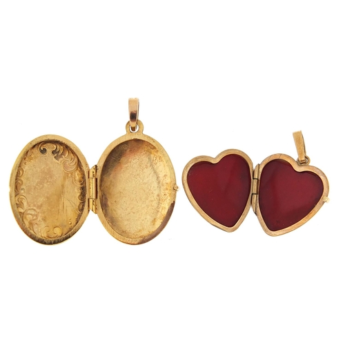 1968 - Two 9ct gold lockets with engraved decoration including a love heart, the largest 3cm high, total 3.... 