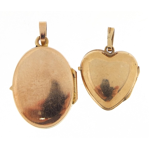 1968 - Two 9ct gold lockets with engraved decoration including a love heart, the largest 3cm high, total 3.... 