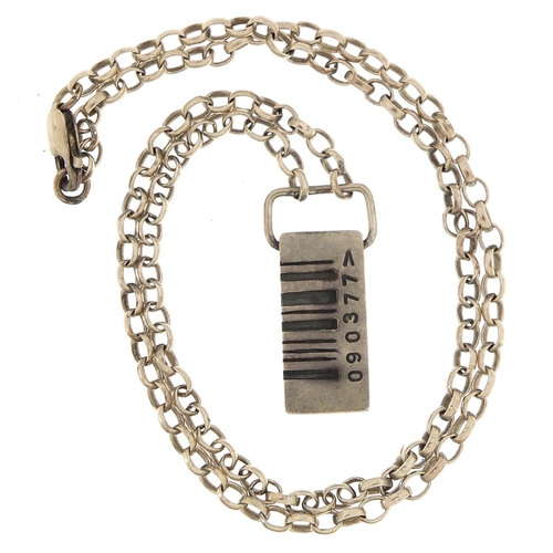 2201 - Silver barcode pendant on a silver Belcher link necklace, 3cm high and 46cm in length, 16.8g