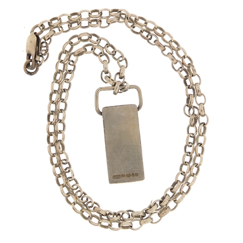 2201 - Silver barcode pendant on a silver Belcher link necklace, 3cm high and 46cm in length, 16.8g