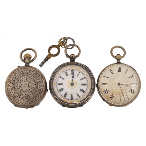 2134 - Three ladies silver pocket watches including a full hunter, the largest 36mm in diameter