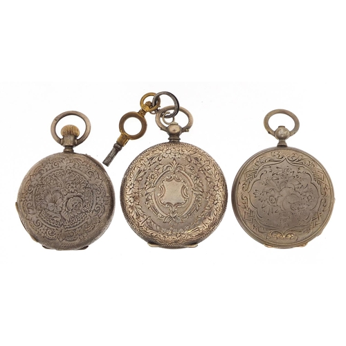 2134 - Three ladies silver pocket watches including a full hunter, the largest 36mm in diameter