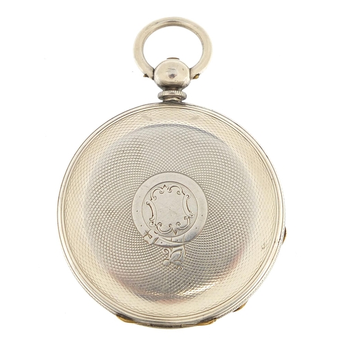 2076 - Gentlemen's silver full hunter pocket watch with ornate silvered and gilt dial, 50mm in diameter