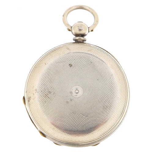 2076 - Gentlemen's silver full hunter pocket watch with ornate silvered and gilt dial, 50mm in diameter