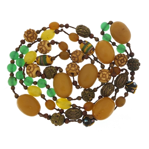 2161 - Bead necklace with various beads including amber coloured, 120cm in length