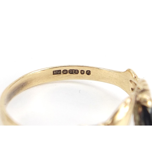 1944 - 9ct gold Claddagh ring set with a sapphire, size O, 1.4g