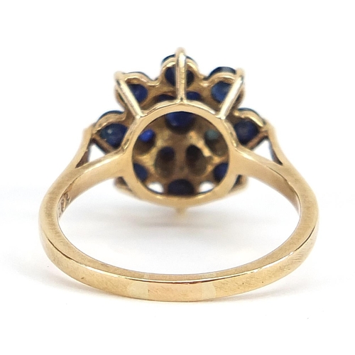 1795 - 9ct gold sapphire cluster ring, size P, 3.1g