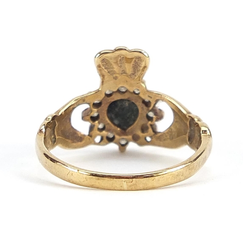 1832 - 9ct gold sapphire and clear stone Claddagh ring, size M, 2.3g