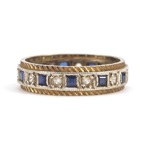 1842 - 9ct gold sapphire and clear stone eternity ring, size Q, 3.5g