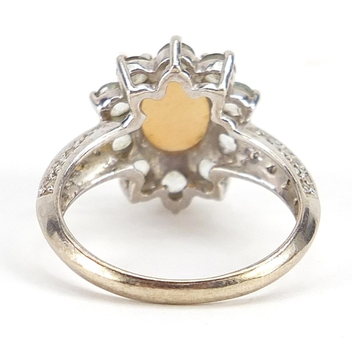 1891 - 9ct white gold opal and clear stone cluster ring, size N, 3.2g