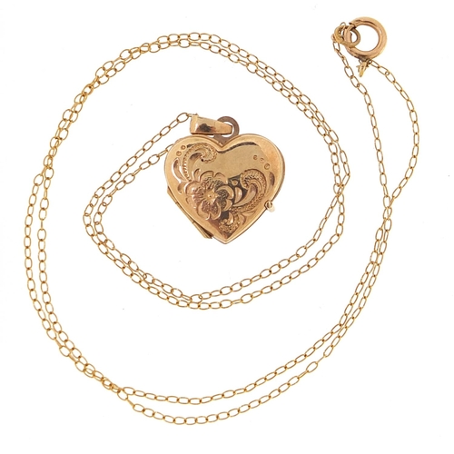 2037 - 9ct gold love heart locket with floral decoration on a 9ct gold necklace, 1.8cm high and 42cm in len... 