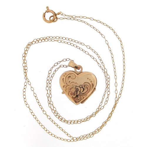 2037 - 9ct gold love heart locket with floral decoration on a 9ct gold necklace, 1.8cm high and 42cm in len... 