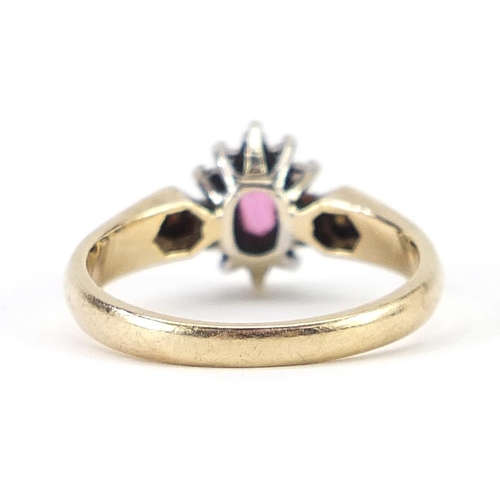 1995 - 9ct gold ruby and diamond cluster ring with diamond set shoulders, size M, 3.1g