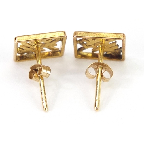 2145 - Pair of Chinese unmarked gold stud earrings with character marks, 9mm high, 1.0g