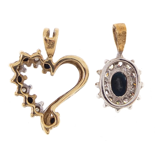 1986 - Two 9ct gold sapphire pendants, one with diamonds, the largest 2.0cm high, 2.4g