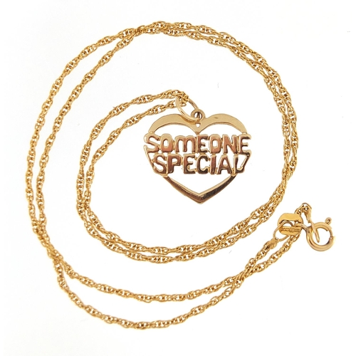 1958 - Unmarked gold love heart Someone Special pendant on a 9ct gold necklace, 1.5cm high and 40cm in leng... 