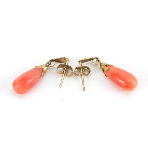 2121 - Pair of unmarked 9ct gold coral drop earrings, 2.1cm high, 1.3g