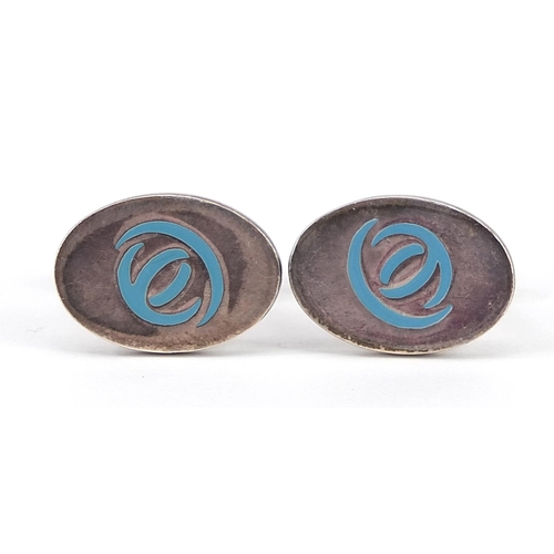 1983 - Pair of silver and blue enamel cufflinks housed in a fitted box, 2.0cm high, 13.1g