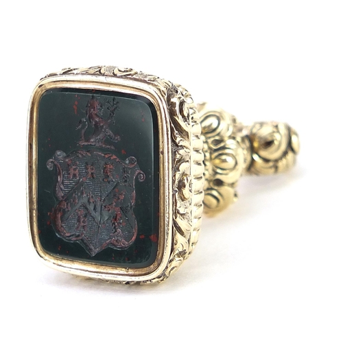 1634 - Antique unmarked gold intaglio bloodstone seal, 4.0cm high, 23.6g