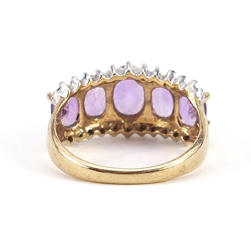 1914 - 9ct gold amethyst and clear stone three row ring, size M, 3.4g