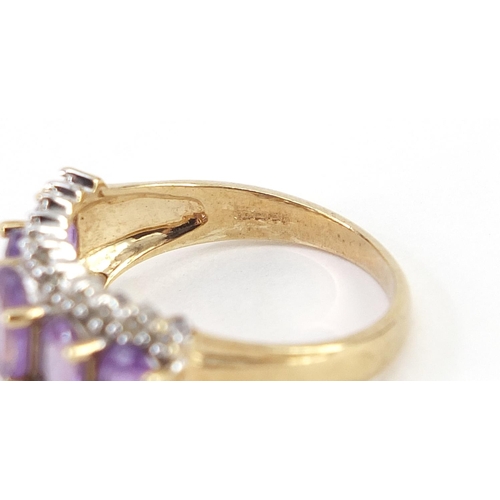 1914 - 9ct gold amethyst and clear stone three row ring, size M, 3.4g