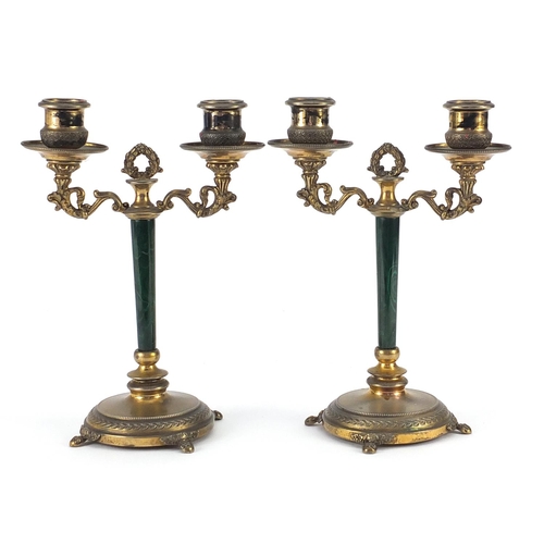 1 - Pair of French Napoleon III silver gilt two branch candelabras with malachite columns, each 21cm hig... 